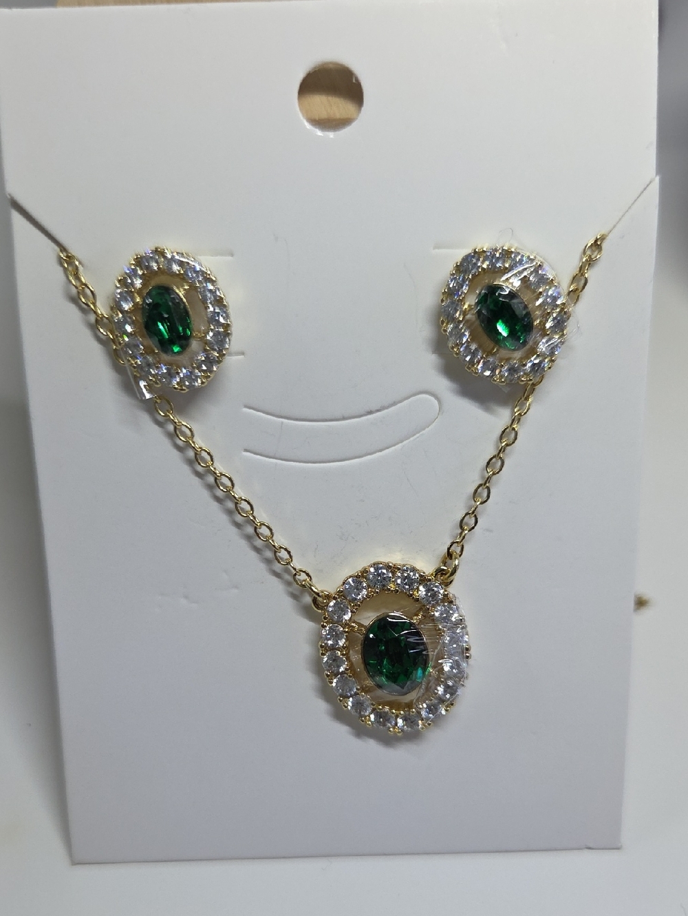Gold-Tone Emerald Halo Necklace and Earring Set